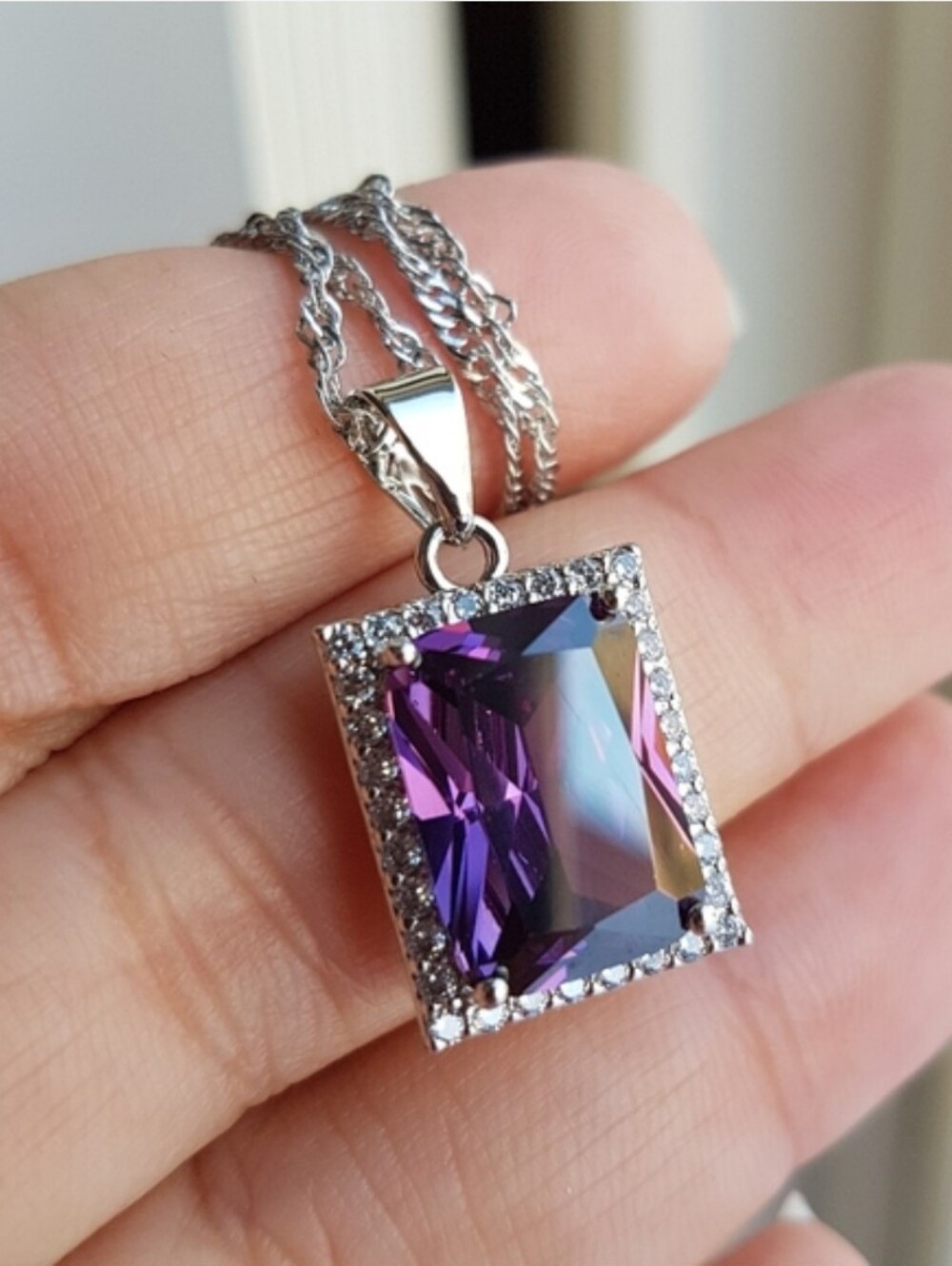 Swarovski Elements 925 Sterling Silver Emerald-cut Amethyst Pendant Necklace NEW
